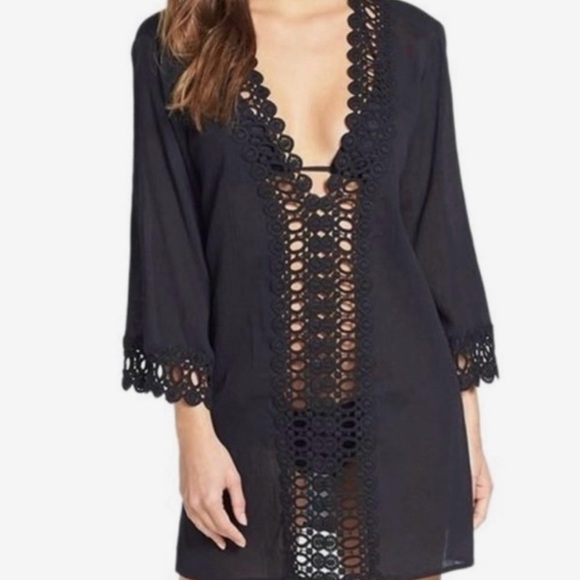 MIYANG Black Crochet Deep-V Swim Cover Up Tunic - Size S - Picture 1 of 7